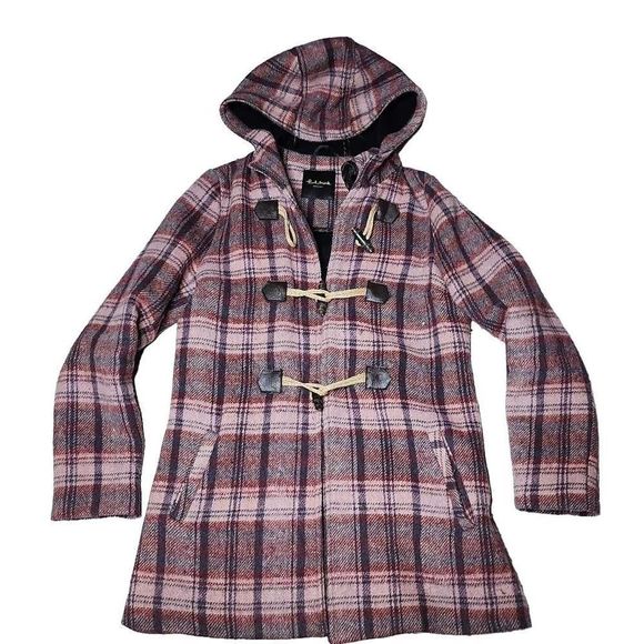 Paul mark plaid wool toggle front hooded pea coat jacket - Picture 1 of 7